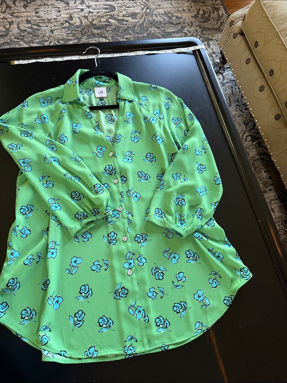CAbi Green Blouse with Aqua Floral Print#5891